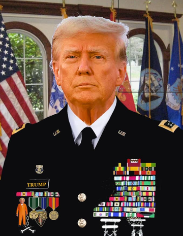 Satirical image of Trump as Hyper-general of Army.
