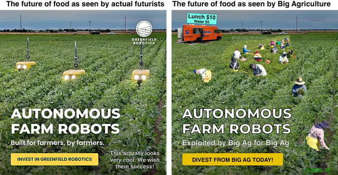 side by side satirical comparison of automated farming vs stoop labor