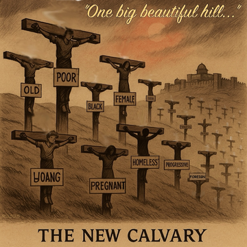 depicts trumpifixion of US social programs as though on Calvary Hill with Jerusalem in background